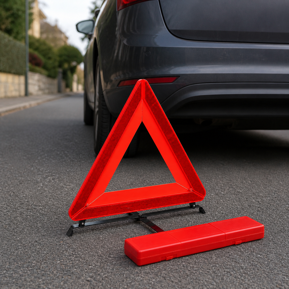 Red reflective roadside warning triangle with folding base and case